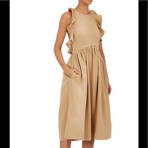 ULLA JOHNSON TAN TWILL RUFFLED MIDI DRESS